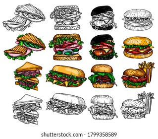 Vector fast food illustrations in the style of the sketch. Burgers, pizza, sandwiches, fries, burgers. High-quality detailed drawing of elements.