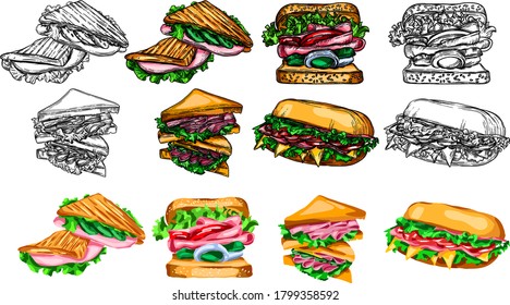 Vector fast food illustrations in the style of the sketch. Burgers, pizza, sandwiches, fries, burgers. High-quality detailed drawing of elements.