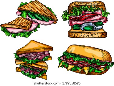 Ilustraciones vectoriales de comida rápida en el estilo del dibujo. Hamburguesas, pizzas, sándwiches, patatas fritas, hamburguesas. Dibujo detallado de alta calidad de los elementos.