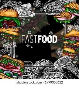 Vector fast food illustrations in the style of the sketch. Burgers, pizza, sandwiches, fries, burgers. High-quality detailed drawing of elements.