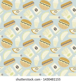 Vector fast food ipattern in flat  style on a gray background.Drink,ice cream,gamburger,hot dog,pita,tea,cup,pizza,fries 