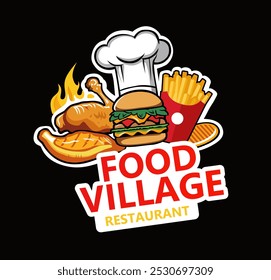 Logotipo de Vector de comida rápida o comida chatarra para menú de restaurante, tarjeta, menú de comida, póster, tarjeta de presentación. logotipo creativo con nombre creativo y hamburguesa de carne, parrilla, papas fritas francesas, etc. comida rápida.	