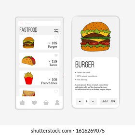 Vector fast food mobile application template. Modern illustration for design and web.