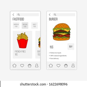 Vector fast food mobile application template. Modern illustration for design and web.