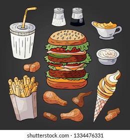 Vector fast food  on black background  Hand drawn fast food collection 