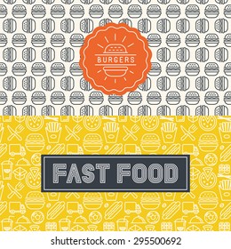 Vector fast food package design elements in trendy mono line style - logos and seamless patterns