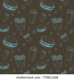 vector fast food pattern, black and blue color, digital paper