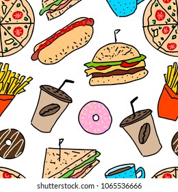 Vector fast food pattern. Design for menus, cafe or restaurant. Food seamless pattern. Hand drawn pattern.