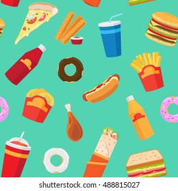 Vector fast food pattern or junk food vector seamless background