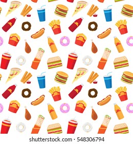 Vector fast food pattern or junk food seamless pattern with white background