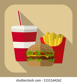 Vector fast food poster. Paper cup, burger and fries.