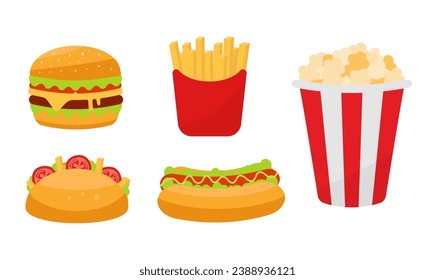 Vector fast food products in flat style isolated on white background. Set of hamburger, french fries, taco, hotdog, popcorn.