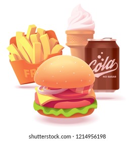 Vector fast food restaurant burger set icon. Includes illustrations of burger, French fries, ice cream cone and soda can
