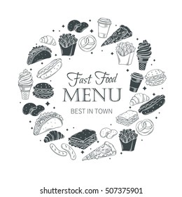 Vector fast food round banner. Fast food monochrome decorative icons.