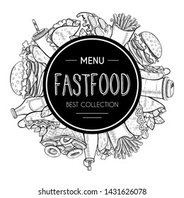 Vector fast food. Round frame in hand drawn flat line doodle style. Design of burger, french fries, hamburger, pizza, hot dog, taco, coffee. Template with place for text.