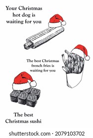 Vector fast food in Santa Claus hats and text, sushi,hot dog and french fries in red hat