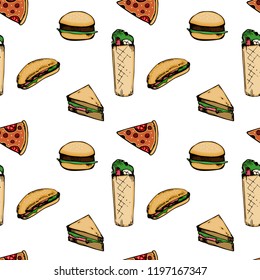 Vector fast food seamless pattern. burger pizza slice, roll doner kebab sandwich donut vegetables objects. Fast food flat cartoon isolated illustration on a white background.