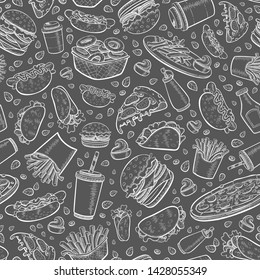 Vector Fast Food Seamless Pattern In Hand Drawn Flat Line Doodle Style. Black Background Of Chalk Board With Burger, French Fries, Hamburger, Pizza, Hot Dog, Taco, Coffee.