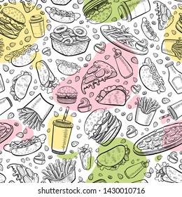 Vector fast food seamless pattern in hand drawn flat line doodle style. White background of burger, french fries, hamburger, pizza, hot dog, tacos, coffee with color elements.