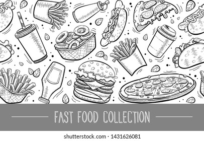 Vector fast food seamless pattern in hand drawn flat line doodle style. Isolated frame of burger, french fries, hamburger, pizza, hot dog, tacos, coffee. Template with place for text.