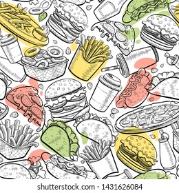 Vector fast food seamless pattern in hand drawn flat line doodle style. White background of burger, french fries, hamburger, pizza, hot dog, tacos, coffee with color elements.
