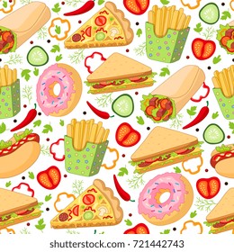 Vector fast food seamless pattern. burger pizza slice, roll doner kebab potato fry sandwich donut vegetables objects. Fast food flat cartoon isolated illustration on a white background.
