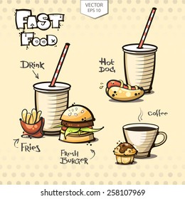 vector. fast food set. burger. drink. fries. hot dog. coffee. cake
