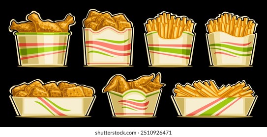 Vector Fast Food Set, collection of cut out illustrations various unhealthy fried chicken and fat french fries in carton pockets, chicken and potatoes sticks for fast food cafe on black background