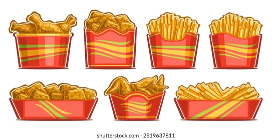 Vetor Fast Food Set, coleção de ilustrações cortadas variedade frango frito e batatas fritas em bolsos de caixa, grupo de frango e batatas peças para fast food café menu no fundo branco