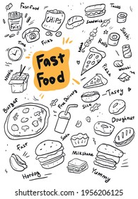 Vector Fast Food set doodle illustrations icons food delivery black line minimalistic simple for website graphic design