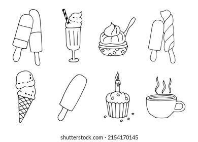 Vector Fast Food set doodle illustrations icons food delivery black line minimalistic simple for website graphic design