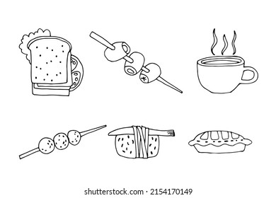 Vector Fast Food set doodle illustrations icons food delivery black line minimalistic simple for website graphic design