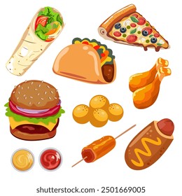 Vector de comida rápida en estilo plano. Pizza, hamburguesa, shawarma, tacos, patas de pollo en masa, bolas de papa, salchichas en masa y salsas. Ilustración del Día Mundial de la Alimentación