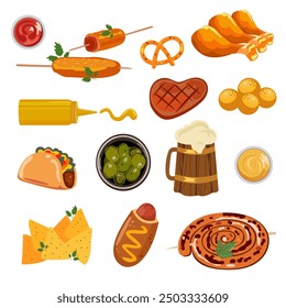 Vector de comida rápida en estilo plano. Aperitivos de cerveza, patatas fritas, patas de pollo, patas de pollo en masa, bolas de patata, salchichas en masa y salsas en tacos de madera. Ilustración del Día Mundial de la Alimentación