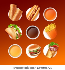 Vector fast food set of fried patty, hot dog, taco, French fries, burger, burrito and sauces or drinks top view in round icons isolated on gradient background 