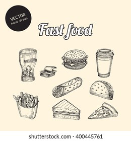 Vector fast food set. Hand drawn sketch art style. Can use in cover, poster, label, banner, menu in restaurant or cafe.