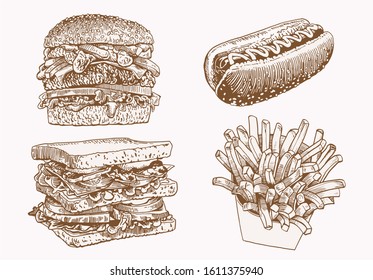 Vector fast food set isolated , graphical vintage illustration