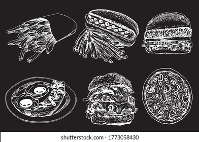Vector fast food set isolated on black, graphical elements for menu,chalkboard design  