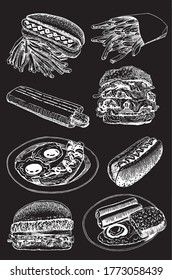 Vector fast food set isolated on black, graphical elements for menu,chalkboard design  