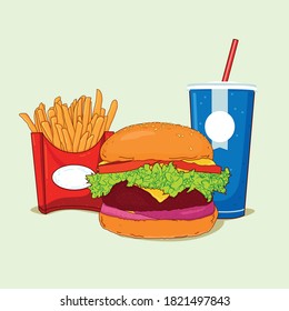 Vector Fast Food Set with Realistic Hamburger Classic Burger, Potatoes French Fries in Red Package Box and Blue Paper Cup for Soft Drinks with Straw and blank white label.