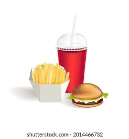 Vector Fast Food Set of Realistic Hamburger Classic Burger Potatoes French Fries Blank Cardboard Cup for Soft Drinks with Straw Isolated on white Background.