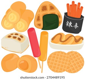 Vektor Fast Food Snack Clip Art Set Niedlich Onigiri Waffle Ice Cream Fries Asiatisch Street Food Illustration Einzeln auf weißem Hintergrund Grafik