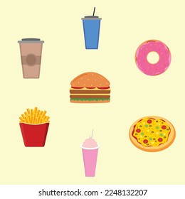 vector of fast food and snackspizza burger frech fries vanilla milkshake coffee donuts for menu card