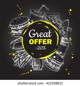 Vector Fast Food Special Offer On Blackboard. Hand Drawn Junk Food Frame Illustration. 