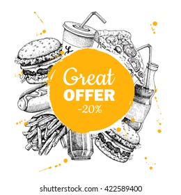 Vector Fast Food Special Offer. Hand Drawn Junk Food Circle Frame Illustration. Soda, Hot Dog, Pizza, Burger And French Fries Drawing