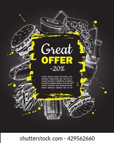 Vector Fast Food Special Offer On Blackboard. Hand Drawn Junk Food Frame Illustration. Soda, Hot Dog, Pizza,  Burger And French Fries Drawing. Great For Label, Menu, Poster, Banner, Voucher, Coupon