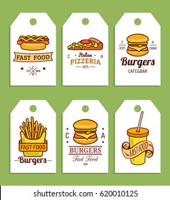 Vector fast food tags. Burgers, hot dogs, fry potato, pizza etc. illustrations. Vintage hand drawn quick meals labels collection. Snack bar, street restaurant, diner icons.