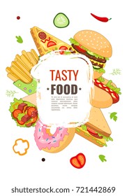 Vector fast food template . Burger pizza slice, roll doner kebab potato fry sandwich donut. flat cartoon isolated illustration on a white background. Mixed objects with free space for your text