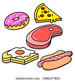 Vector of fast food that isolated on white background. Junk colorful food. pizza, donuts, meat, hotdog, and bread.