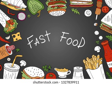 Vector fast food , top view on black background with space for text. Hand drawn fast food collection with space for text